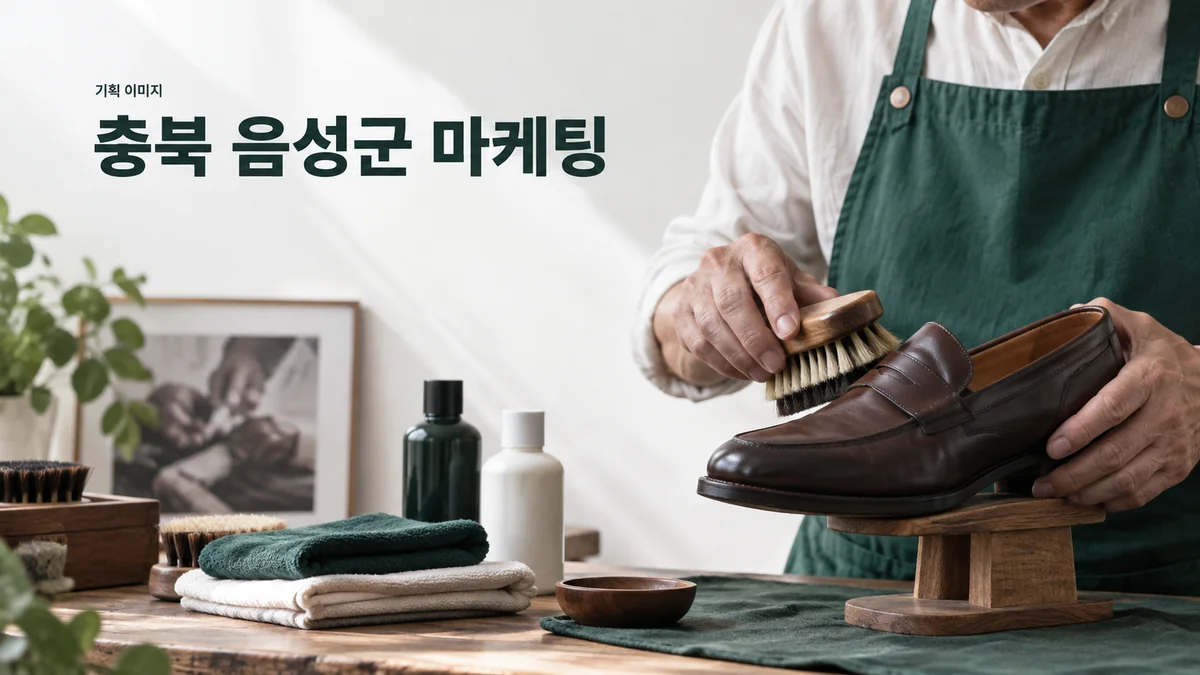 신발 관리점에서 서비스 소개용 도구와 신발 사진을 준비하는 기획 이미지
