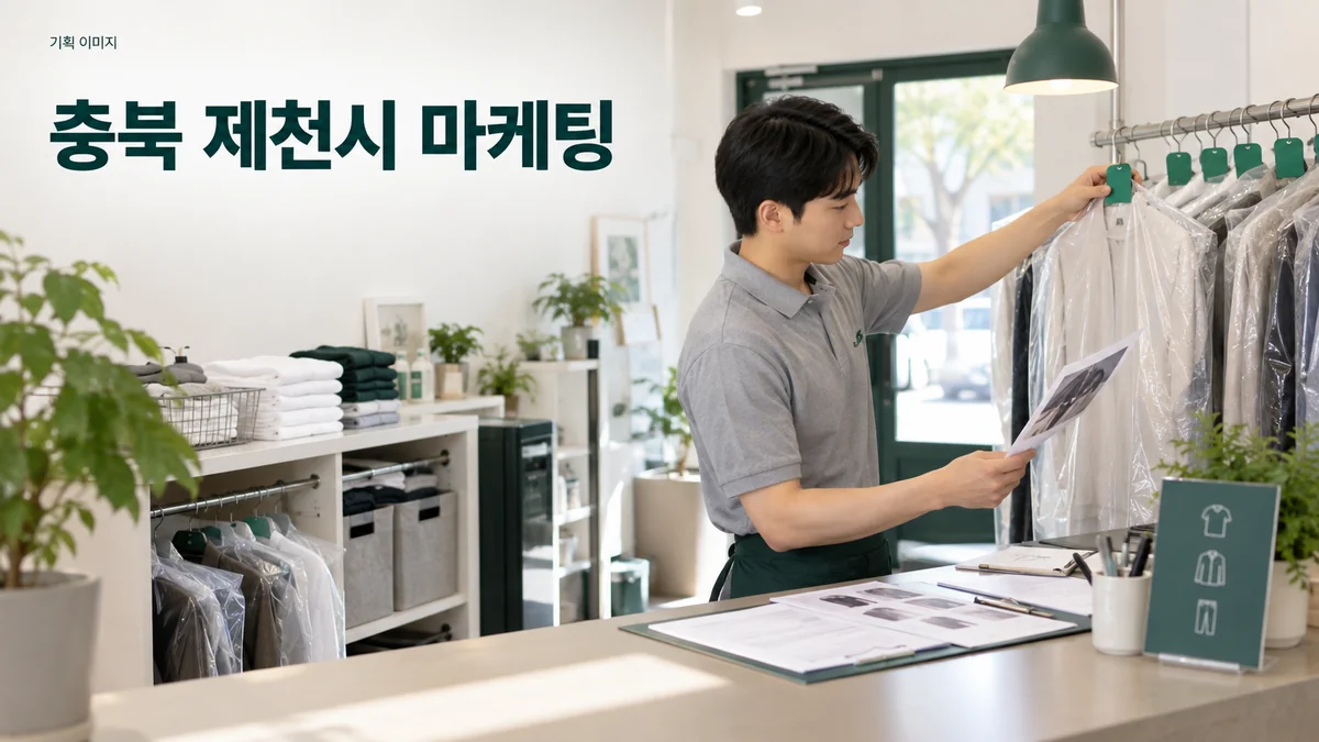 세탁 서비스 매장에서 방문 안내용 사진과 옷 보관 구성을 점검하는 기획 이미지