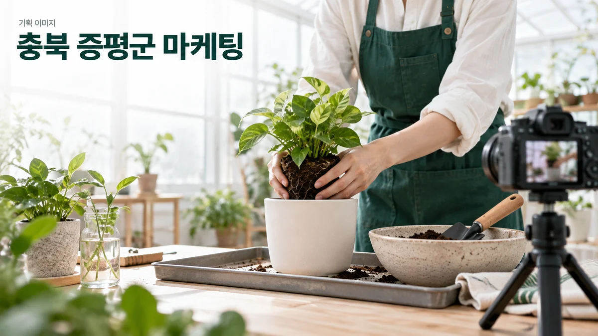 식물 가게에서 분갈이 과정을 소개할 사진을 촬영하는 기획 이미지