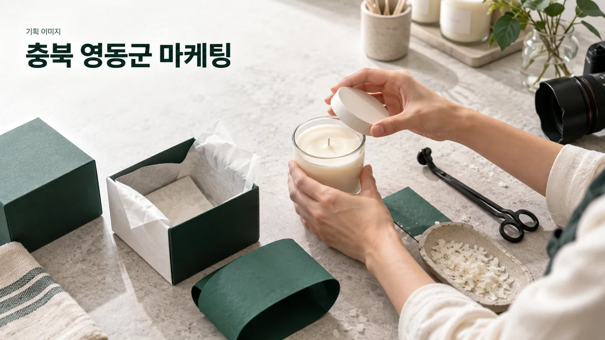 향초 공방에서 제품을 소개할 사진과 포장 구성을 준비하는 기획 이미지