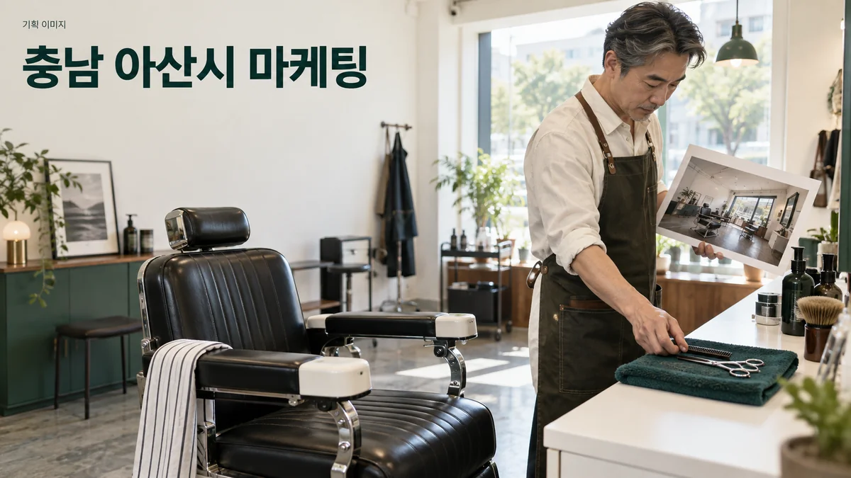 이발소에서 온라인 방문 안내용 도구와 내부 사진을 준비하는 기획 이미지