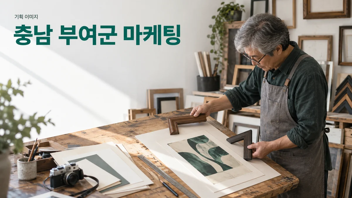 액자 공방에서 작품과 프레임을 온라인 소개용으로 준비하는 기획 이미지