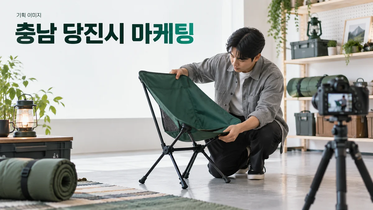 캠핑용품 매장에서 제품 사용 안내를 촬영하는 기획 이미지