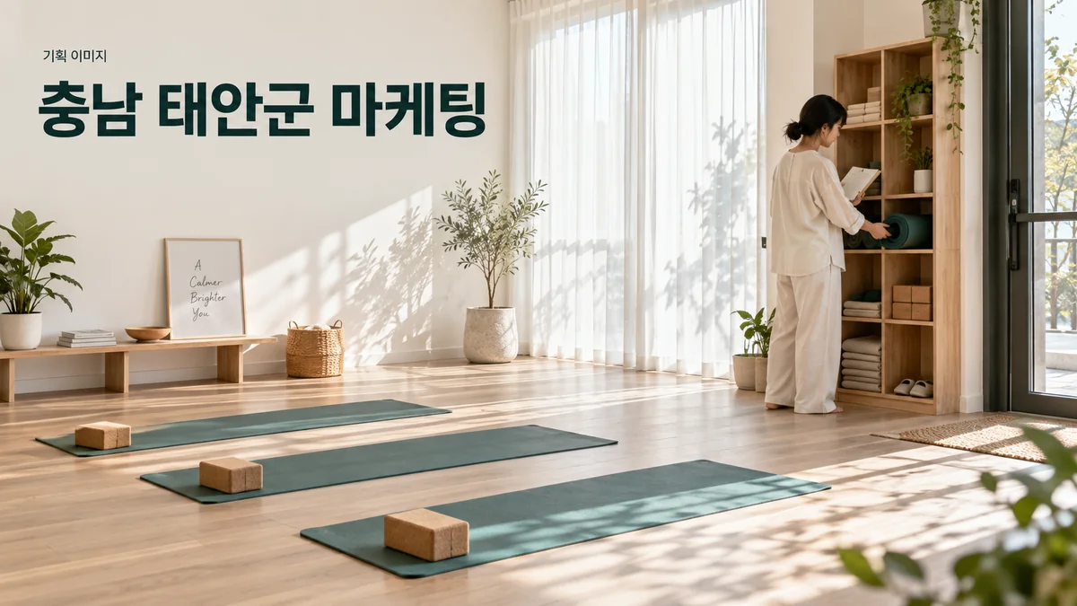 요가 공간에서 빈 수련 자리와 방문 안내 자료를 준비하는 기획 이미지