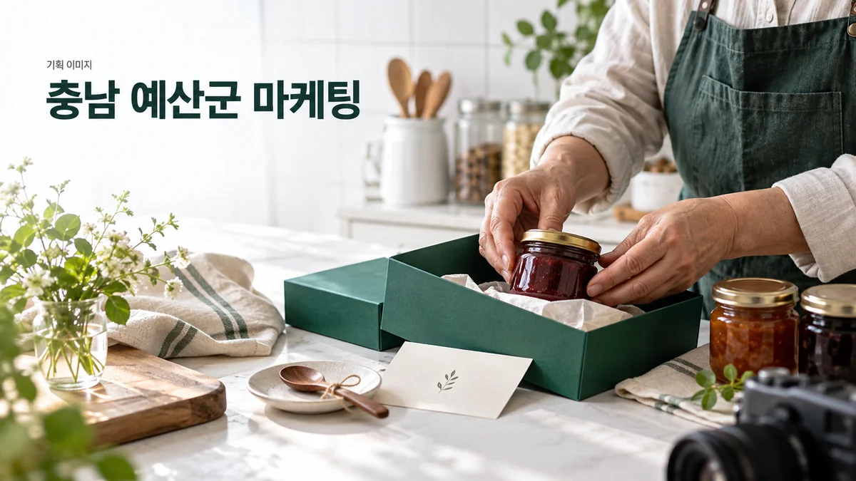 식품 매장에서 작은 잼병과 포장 안내용 사진을 준비하는 기획 이미지