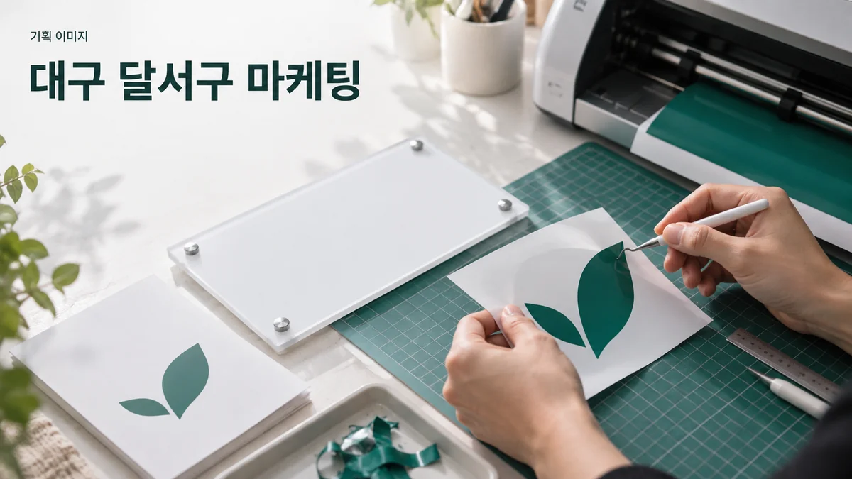 인쇄 작업실에서 매장용 안내 스티커와 홍보물을 준비하는 기획 이미지