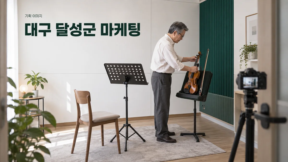 음악 수업 공간에서 바이올린과 수업 안내용 촬영 구성을 준비하는 기획 이미지
