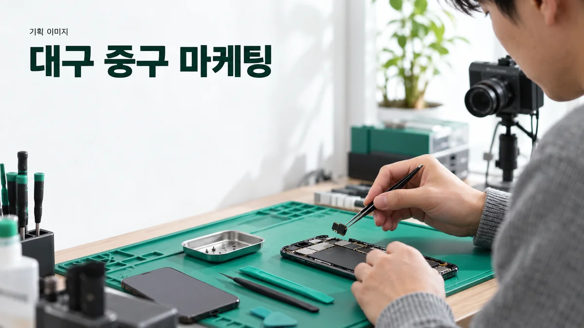 휴대전화 수리점에서 서비스 설명용 기기와 부품 사진을 준비하는 기획 이미지
