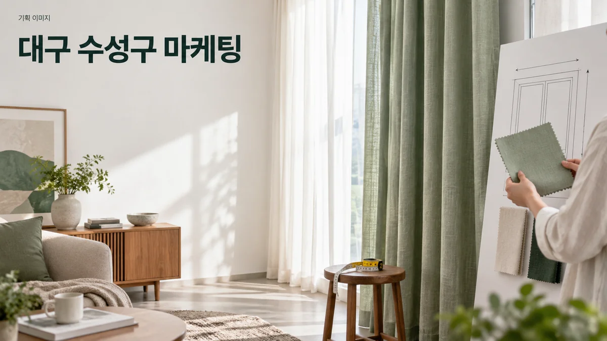 커튼 매장에서 소재와 설치 형태를 설명할 안내 자료를 준비하는 기획 이미지