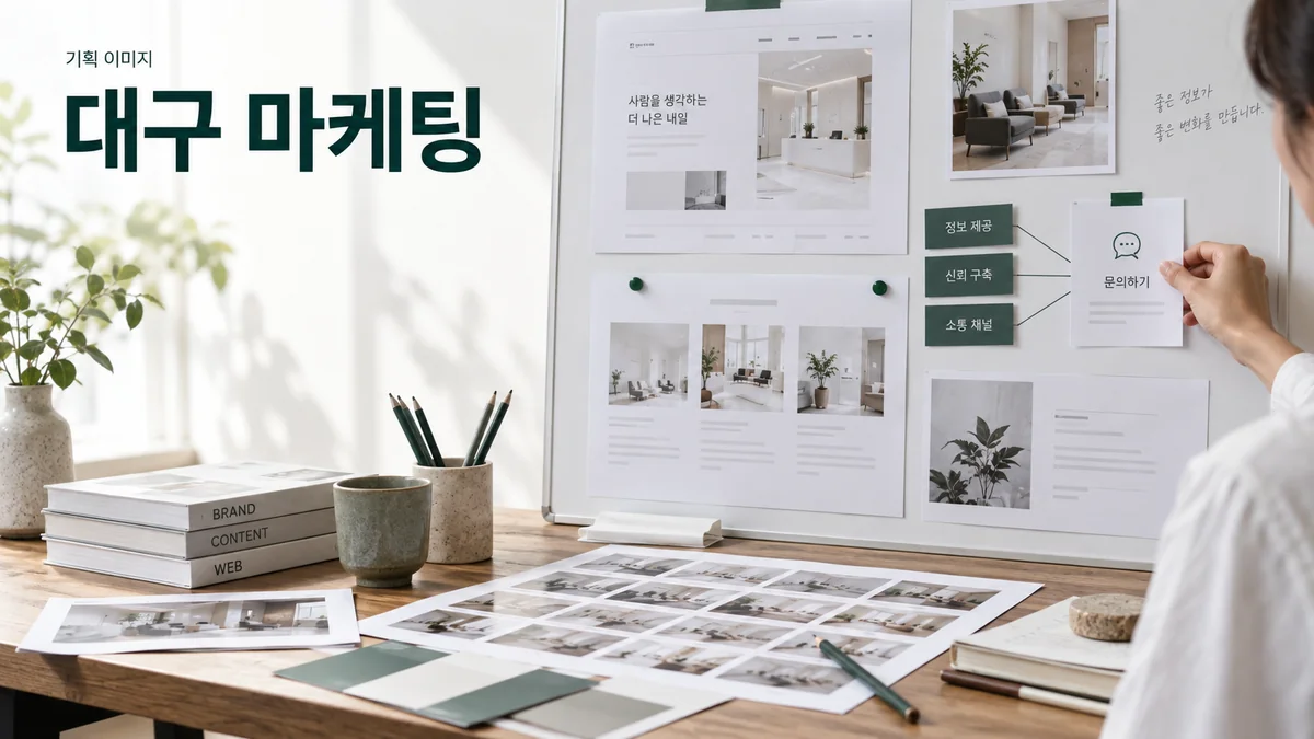 의료기관 안내 홈페이지의 시설 사진과 문의 동선을 검토하는 기획 이미지