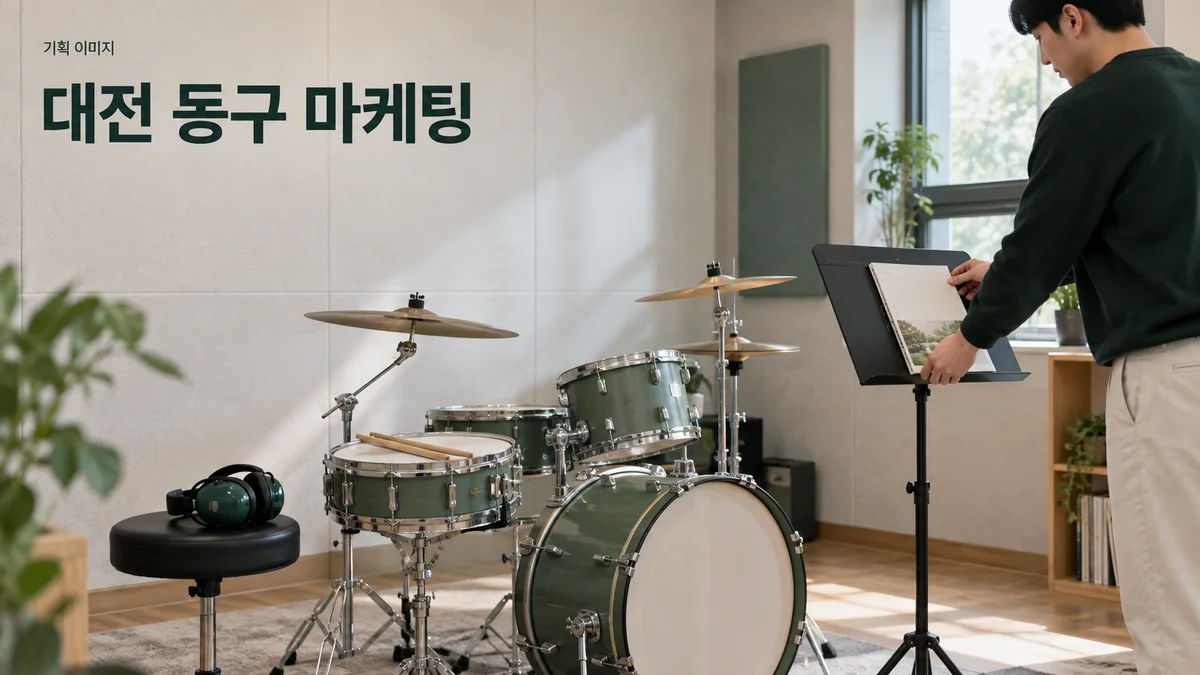 드럼 연습실에서 수업 공간과 준비물을 소개할 안내 자료를 배치하는 기획 이미지