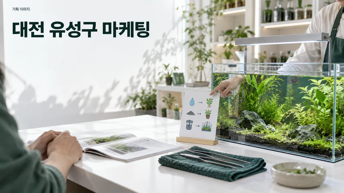 수조 용품 매장에서 관리 방법을 설명할 전시 수조와 안내 자료를 준비하는 기획 이미지