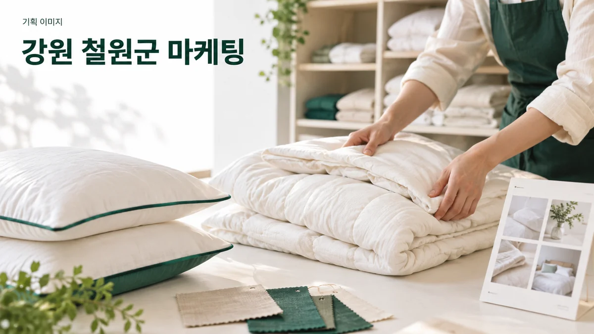 침구 매장에서 이불의 소재와 관리 정보를 소개할 제품 구성을 준비하는 기획 이미지