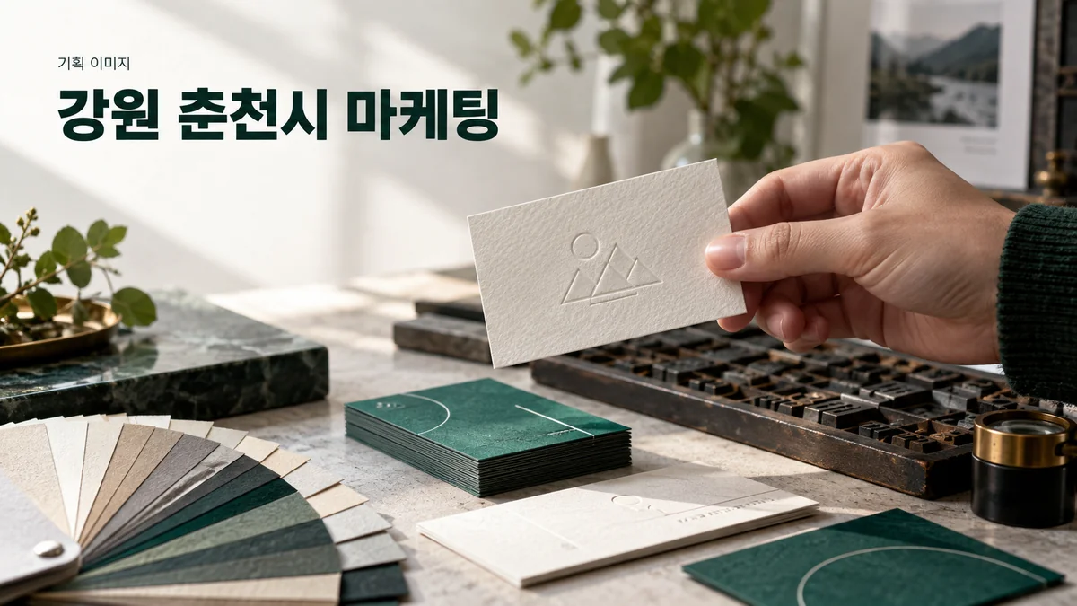 명함 제작을 위해 종이 질감과 인쇄 시안을 함께 확인하는 기획 이미지
