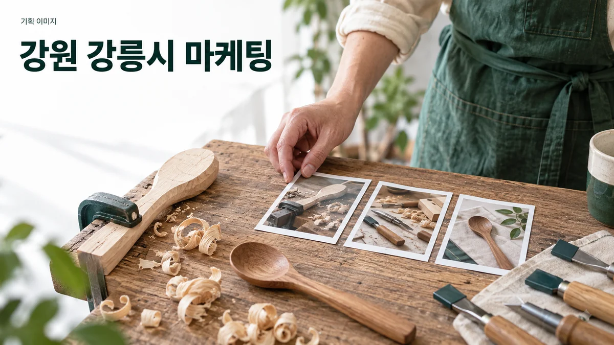 공방 체험을 소개할 자료와 나무 숟가락 만들기 준비물을 배치하는 기획 이미지