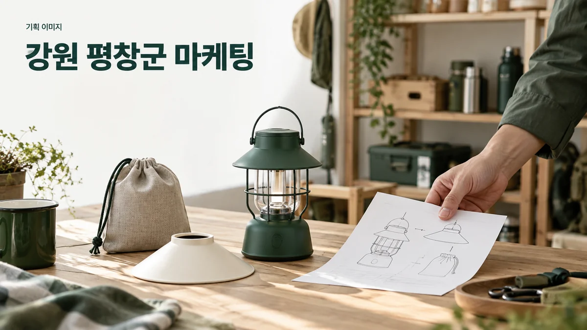 캠핑 조명의 구성과 사용 형태를 안내할 제품 자료를 준비하는 기획 이미지
