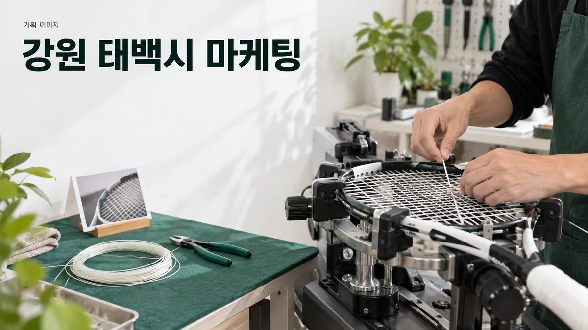 라켓 정비점에서 줄 교체 서비스를 설명할 작업 장면을 준비하는 기획 이미지