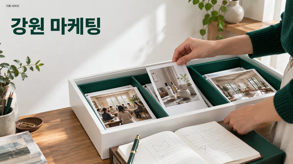 지역 소개 콘텐츠를 준비하며 촬영 자료와 글의 구성 순서를 정리하는 기획 이미지
