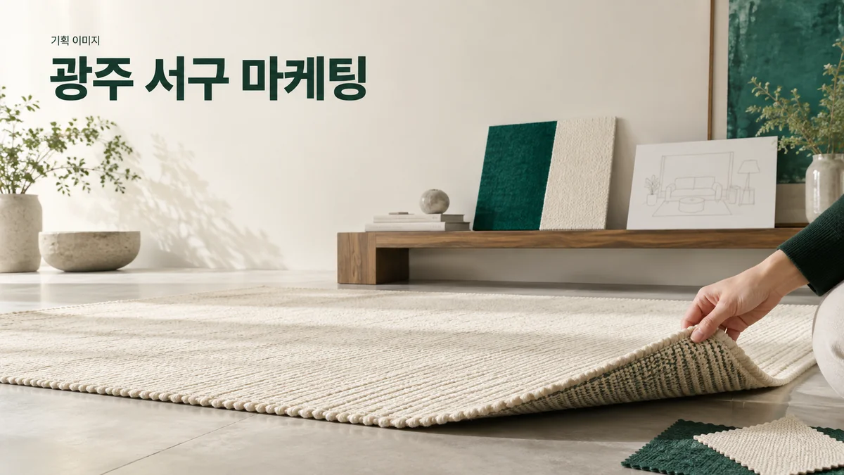 러그 매장에서 소재와 크기를 비교할 안내 자료를 함께 보여 주는 기획 이미지