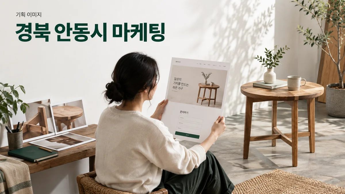 소형 가구 제품을 소개할 홈페이지 사진과 문의 구성을 검토하는 기획 이미지