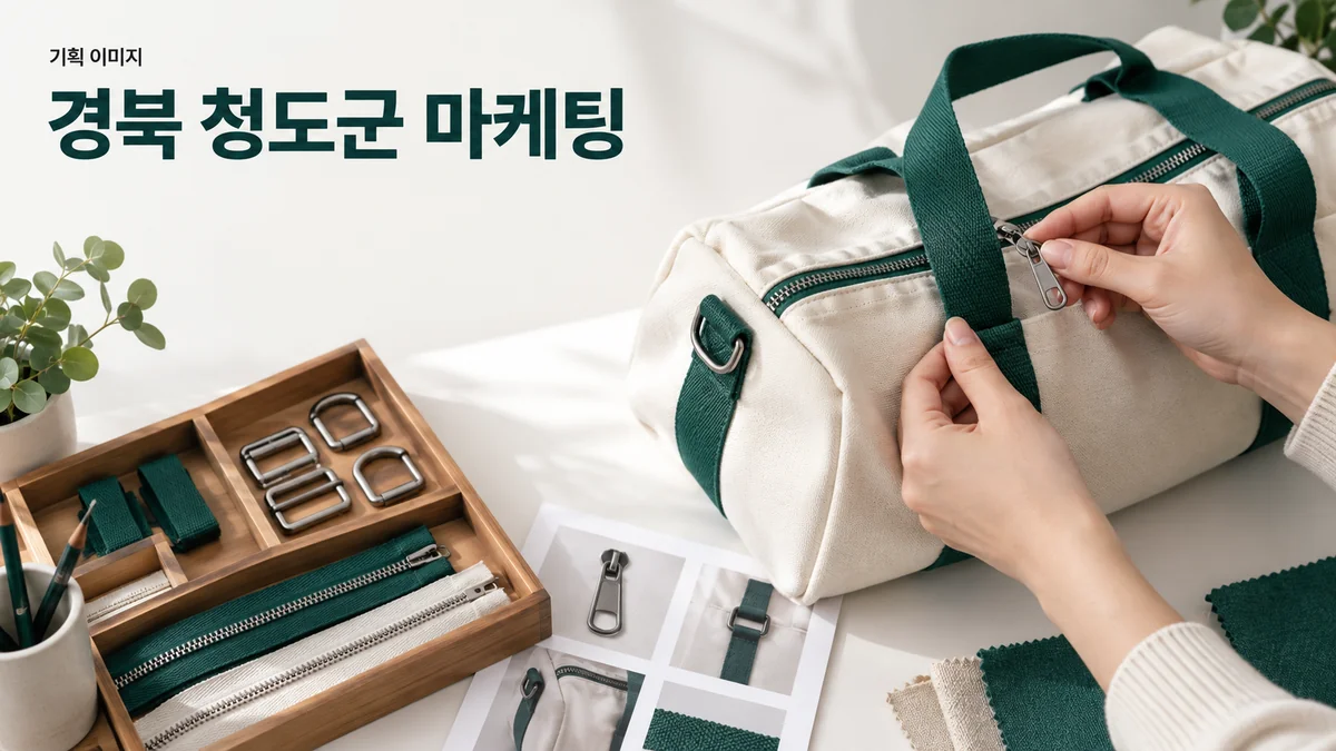 가방 수선 작업실에서 지퍼와 부속 구성을 설명할 안내 자료를 준비하는 기획 이미지