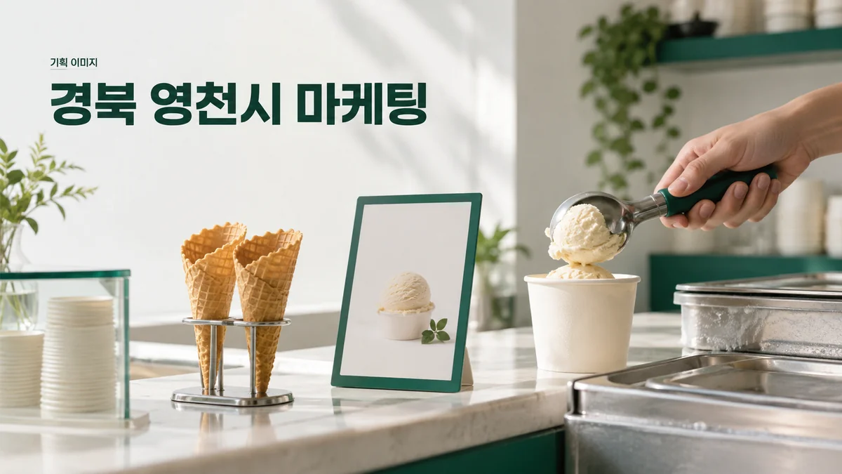 디저트 매장에서 메뉴 구성을 소개할 아이스크림과 안내 카드를 준비하는 기획 이미지