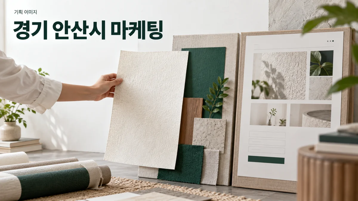 벽지 시공 서비스의 홈페이지에 쓸 소재 사진과 상담 정보를 검토하는 기획 이미지