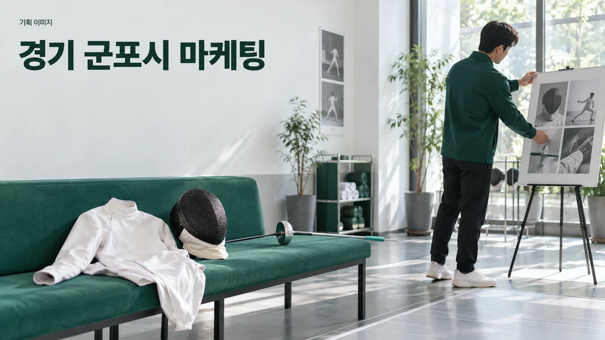 펜싱 교육 공간의 장비와 첫 방문 안내를 정리하는 기획 이미지