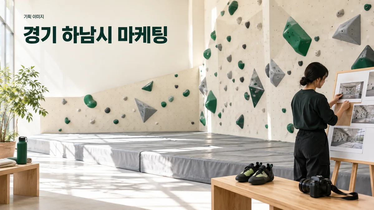실내 클라이밍 공간의 시설 사진과 첫 방문 안내를 준비하는 기획 이미지