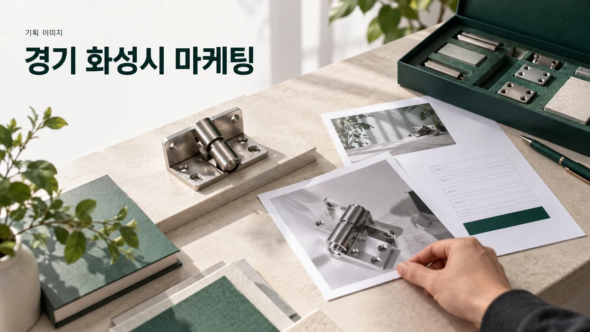 부품 제조 서비스의 제품 사진과 홈페이지 문의 구성을 검토하는 기획 이미지