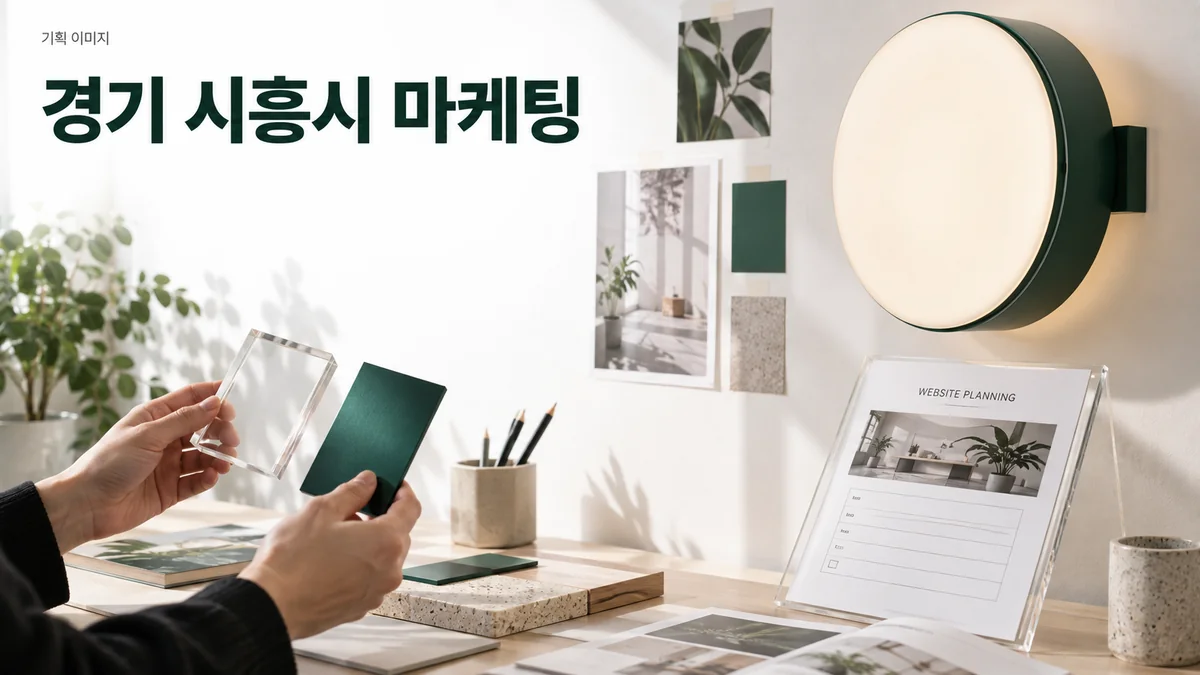 간판 제작 서비스의 소재 사진과 홈페이지 상담 항목을 준비하는 기획 이미지
