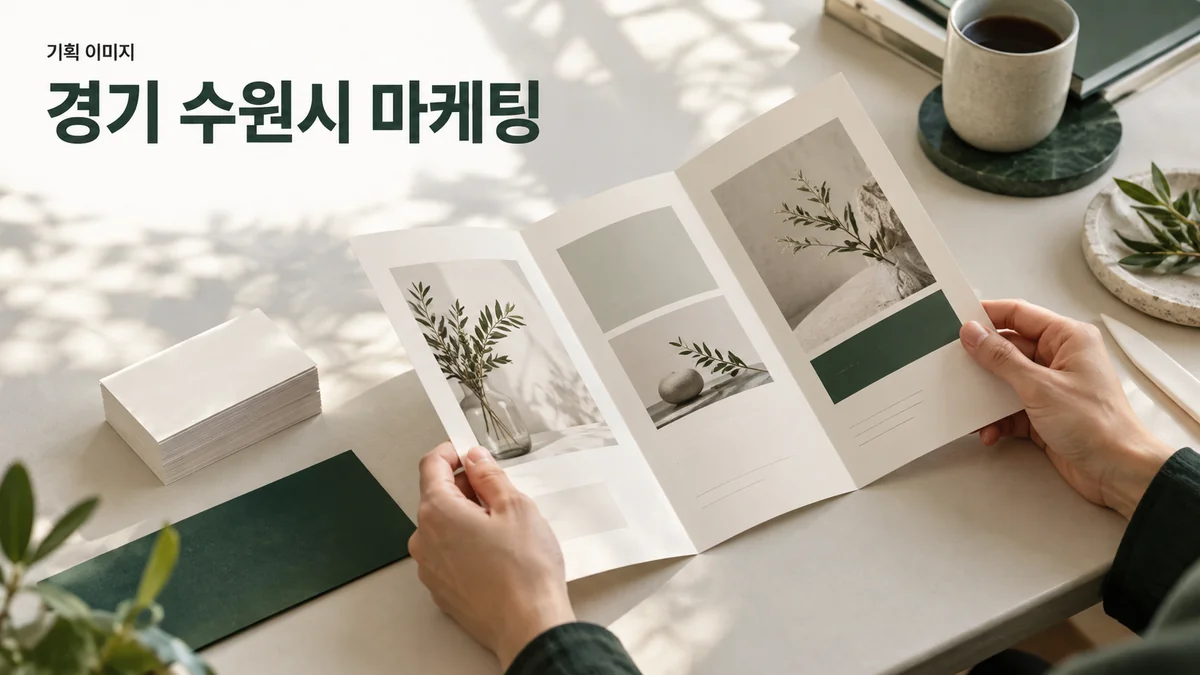 지역 광고 안내물의 접지 방식과 인쇄 시안을 비교하는 기획 이미지