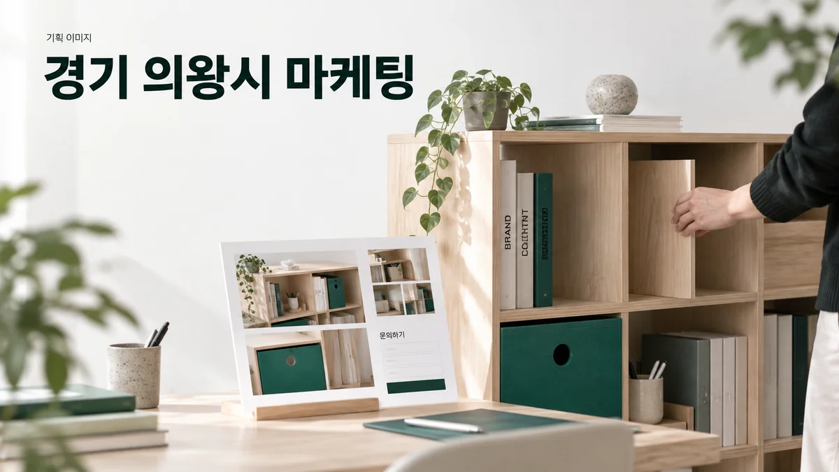 맞춤 수납 가구 홈페이지의 구성 사진과 상담 입력 항목을 검토하는 기획 이미지