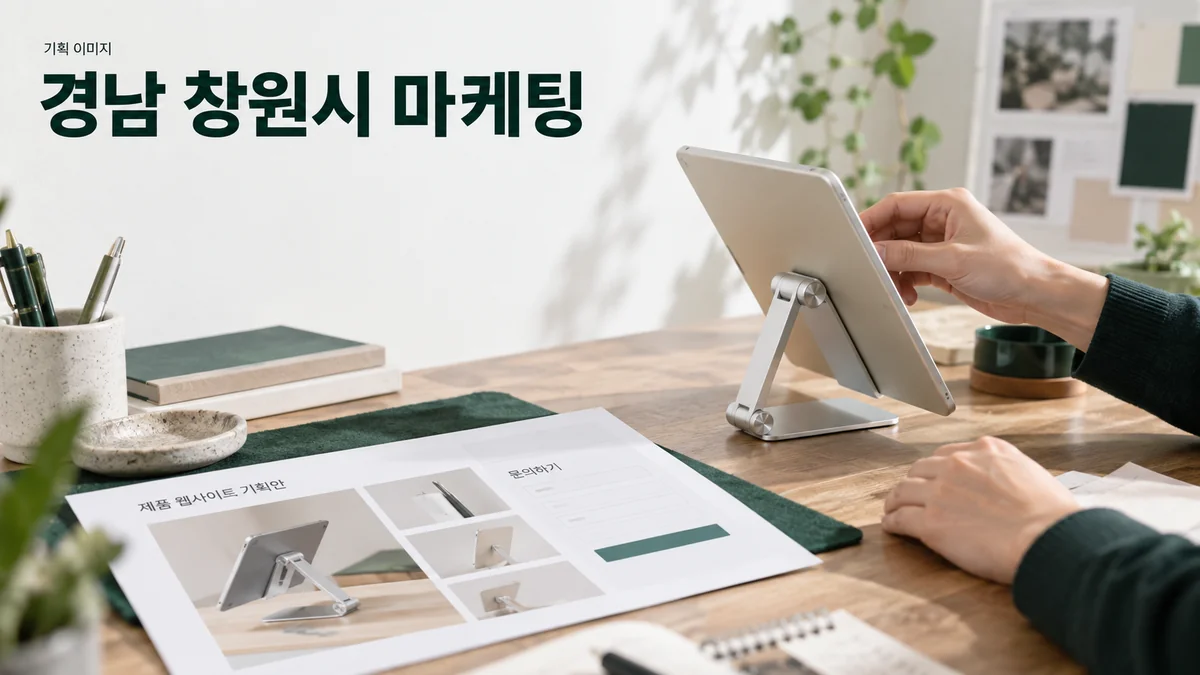제품 홈페이지의 거치대 사용 사진과 문의 내용을 검토하는 기획 이미지