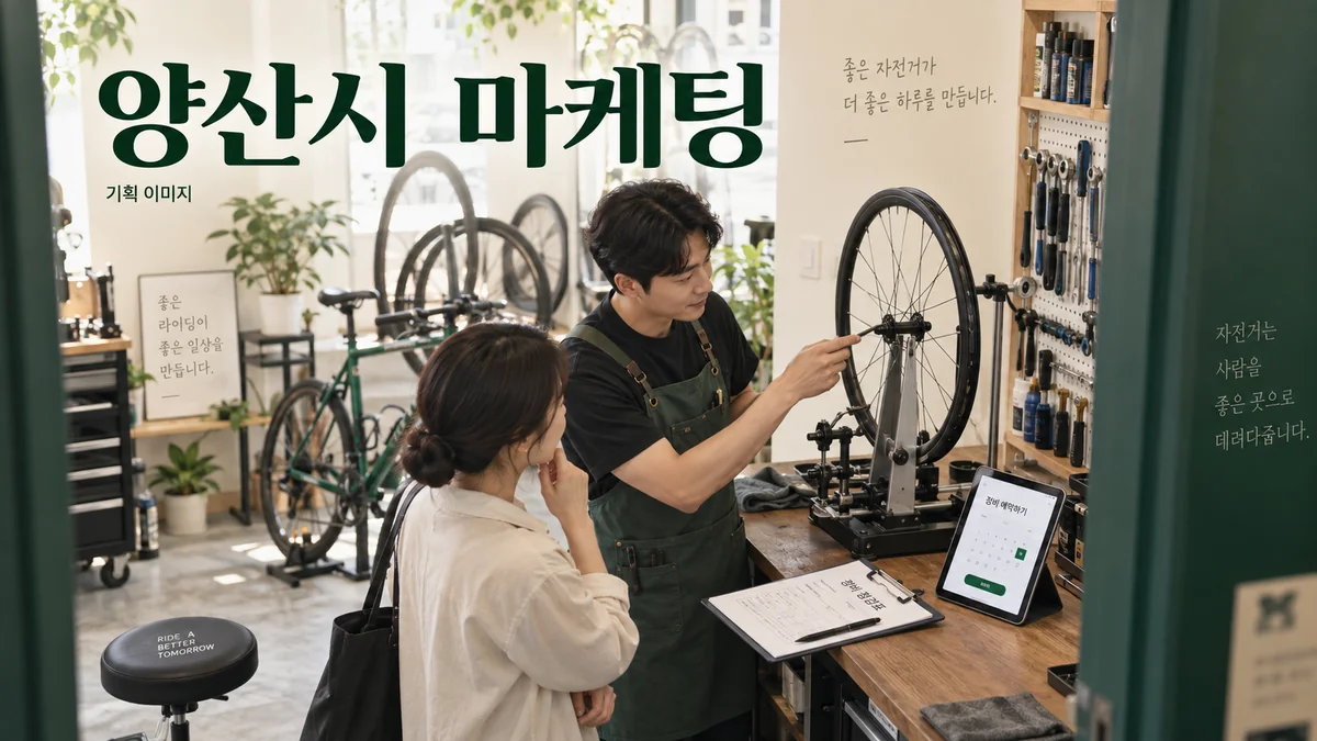 자전거 정비의 점검 항목과 예약 안내를 정리하는 양산시 마케팅 기획 장면