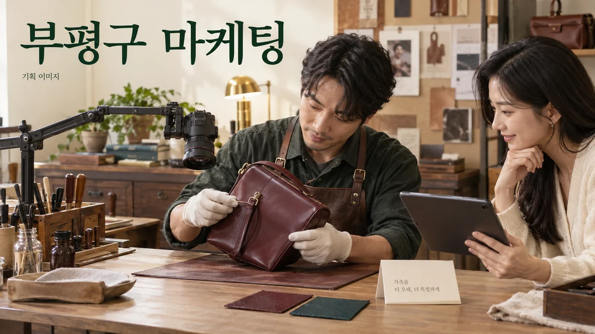 가방 수선 범위와 소재 사진을 준비하는 부평구 마케팅 기획 장면