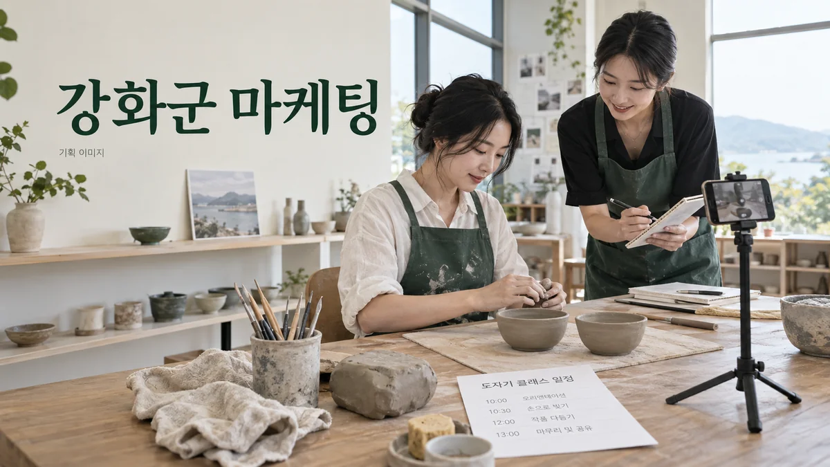도예 수업의 진행 과정과 예약 정보를 준비하는 강화군 마케팅 기획 장면