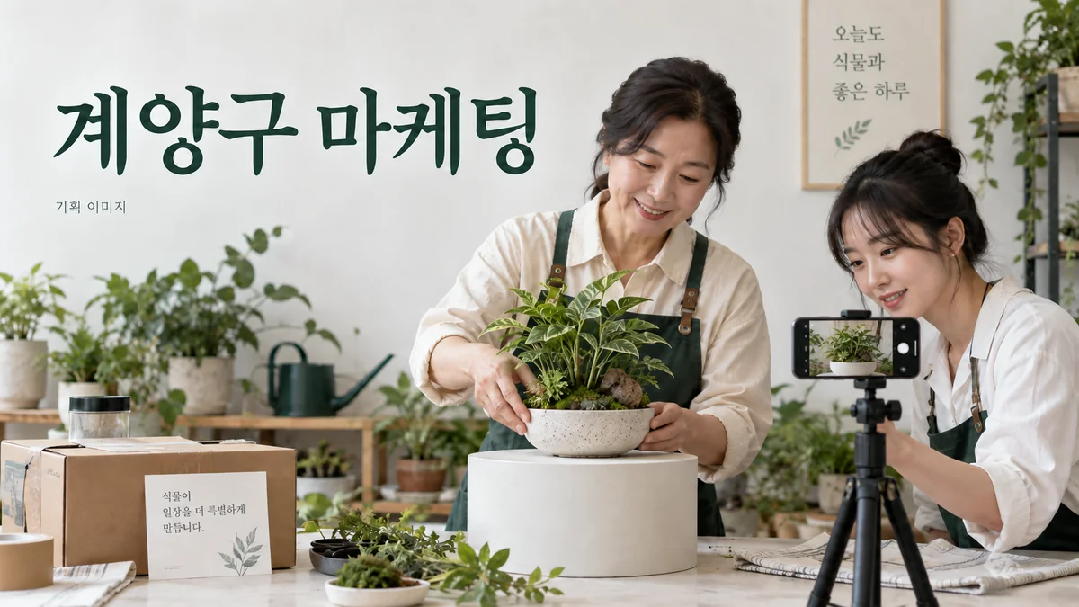 식물 상품의 구성과 배송 안내 사진을 준비하는 계양구 마케팅 기획 장면