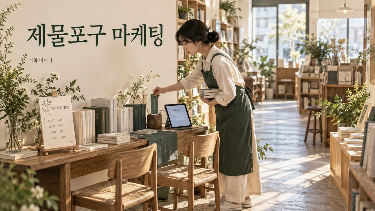 서점 행사 안내와 참가 예약 화면을 준비하는 제물포구 마케팅 기획 장면