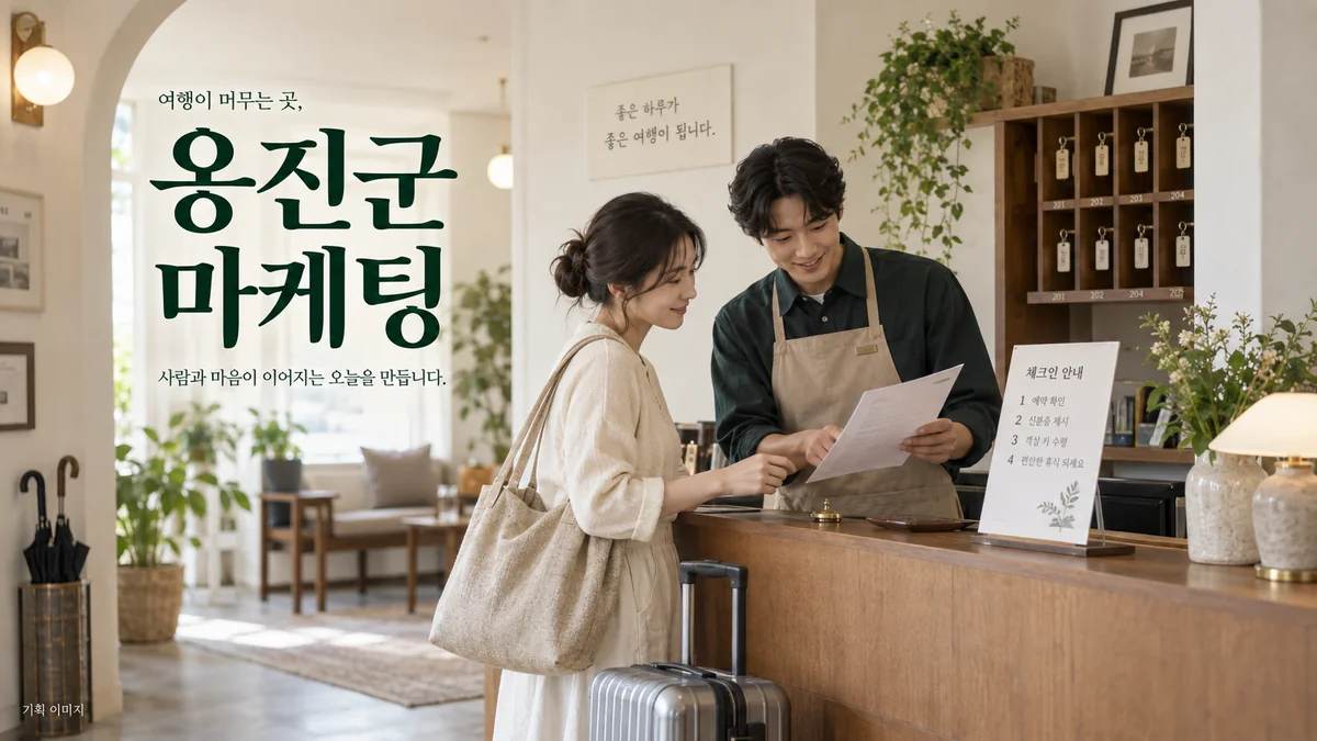 숙소의 입실 안내와 방문 전 문의 정보를 정리하는 옹진군 마케팅 기획 장면