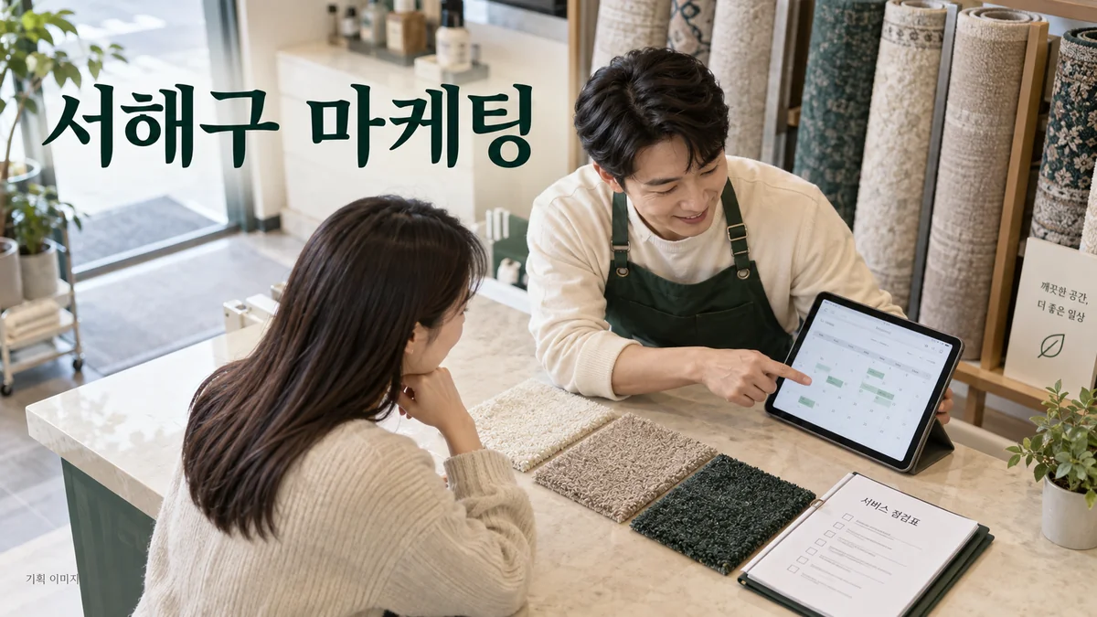 카펫 소재별 상담 자료와 방문 일정 안내를 정리하는 서해구 마케팅 기획 장면