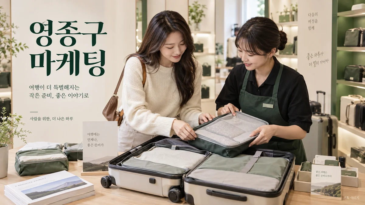 여행용품의 구성과 사용 장면을 안내하는 영종구 마케팅 기획 장면