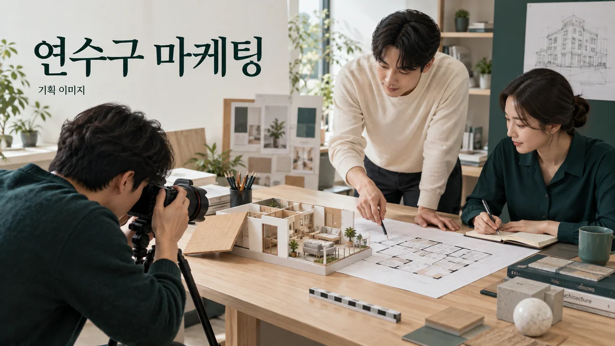 공간 모형과 설계 상담 자료를 정리하는 연수구 마케팅 기획 장면