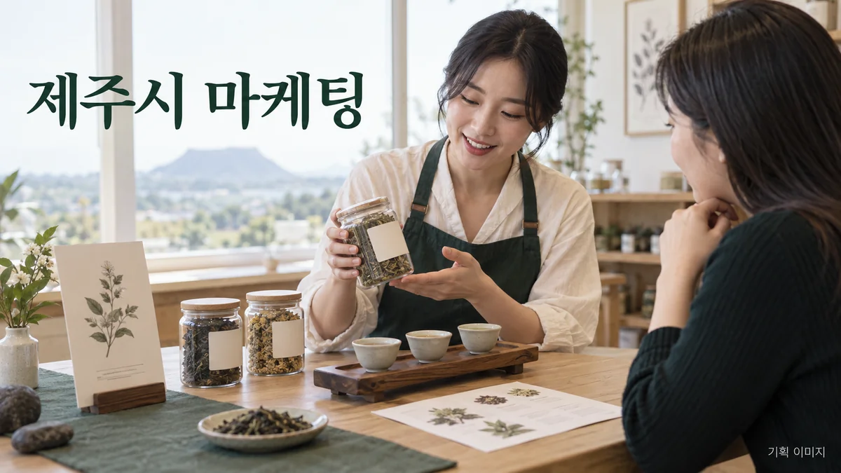 차 상품의 구성과 체험 안내를 준비하는 제주시 마케팅 기획 장면