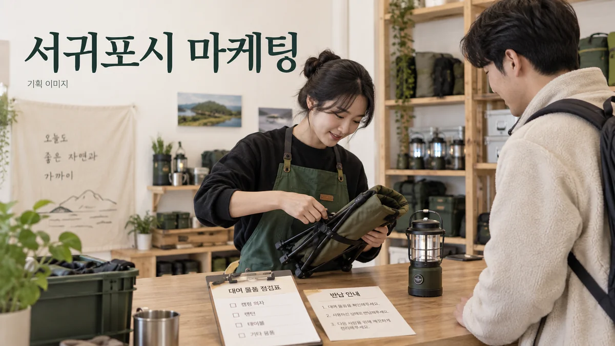 대여용품의 구성과 반납 안내를 확인하는 서귀포시 마케팅 기획 장면