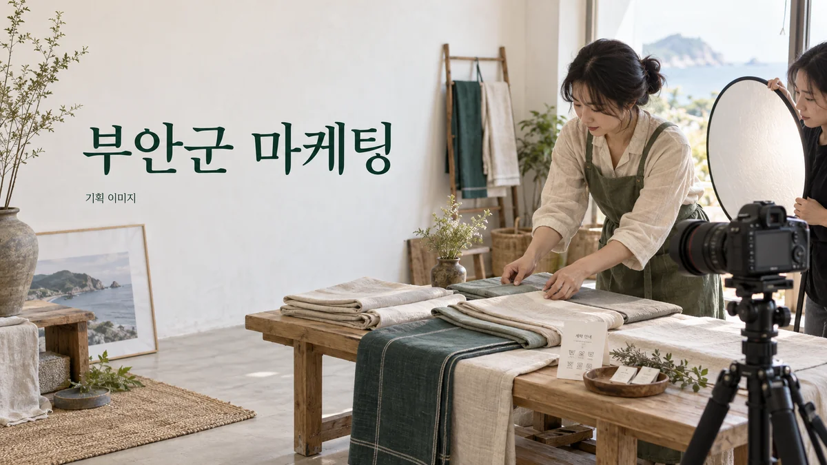 패브릭 상품의 소재 사진과 관리 안내를 준비하는 부안군 마케팅 기획 장면