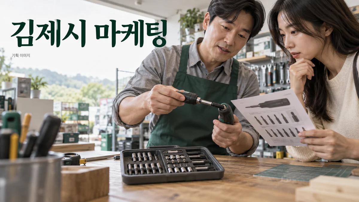 공구 구성품과 제품 안내를 비교하는 김제시 마케팅 기획 장면