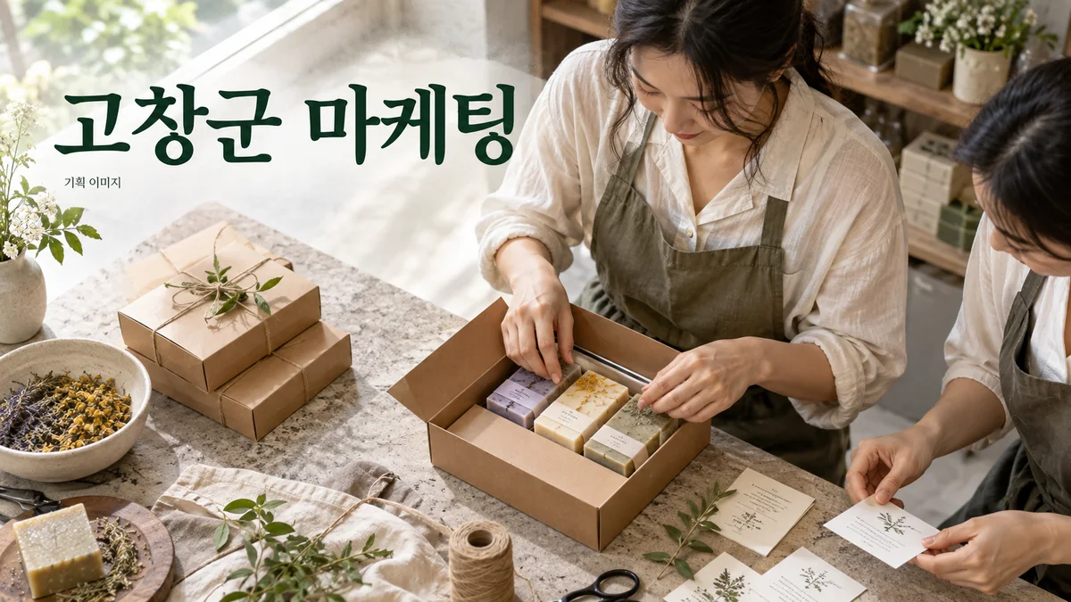 비누 상품의 구성과 원료 안내를 준비하는 고창군 마케팅 기획 장면