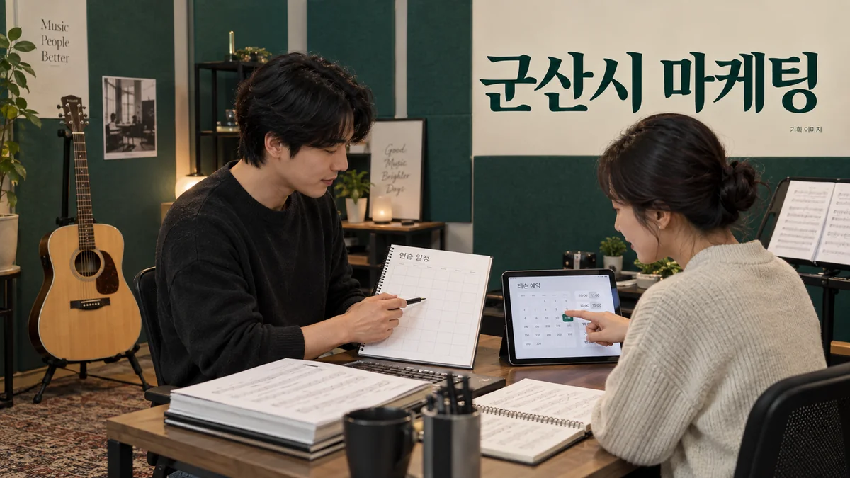 음악 수업의 과정과 시간 상담 자료를 정리하는 군산시 마케팅 기획 장면