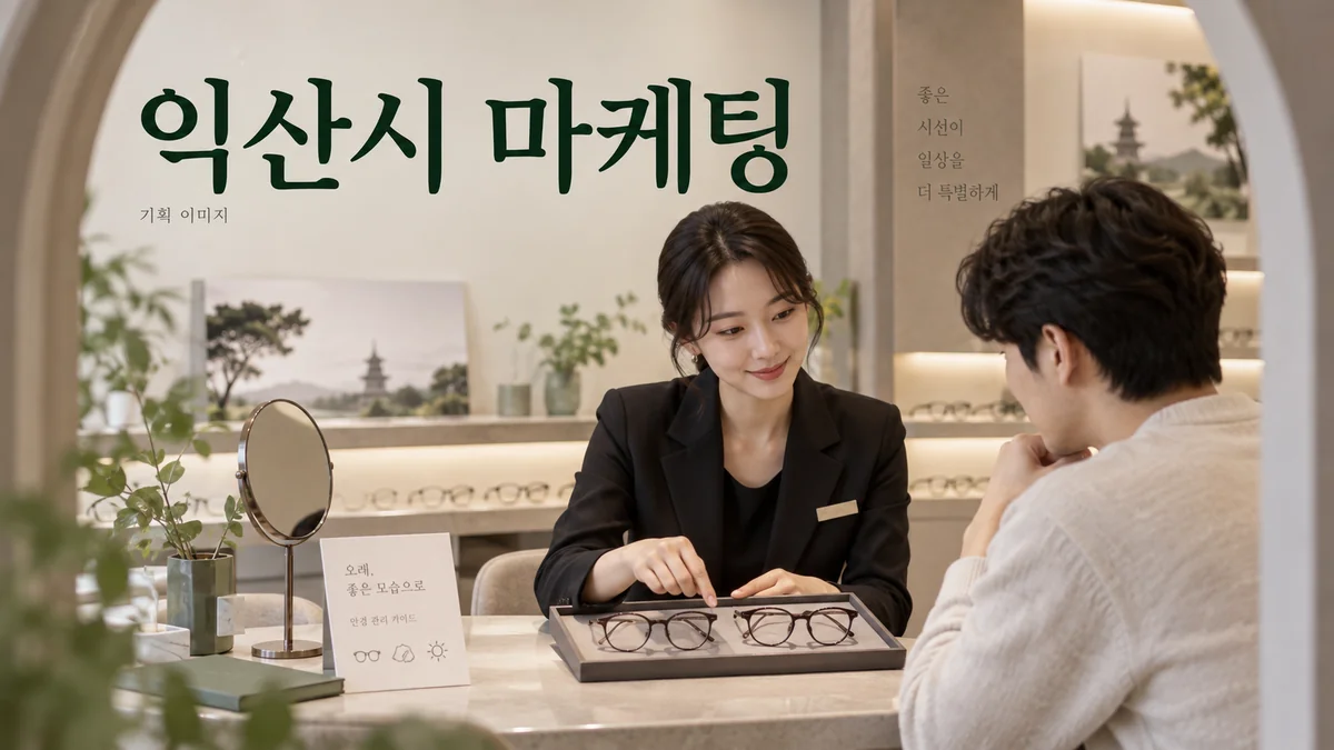 안경테 상품 정보와 관리 안내를 확인하는 익산시 마케팅 기획 장면